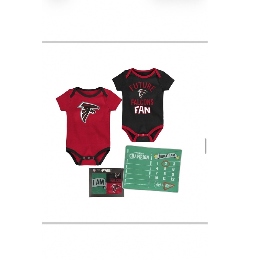 Atlanta Falcons Baby 2 Bodysuits and Milestone Blanket Set NFL Red Black